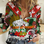 Personalised Rabbitohs ANZAC Day Women Casual Shirt Aboriginal Rising Sun