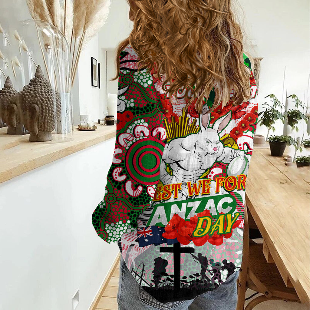 Personalised Rabbitohs ANZAC Day Women Casual Shirt Aboriginal Rising Sun