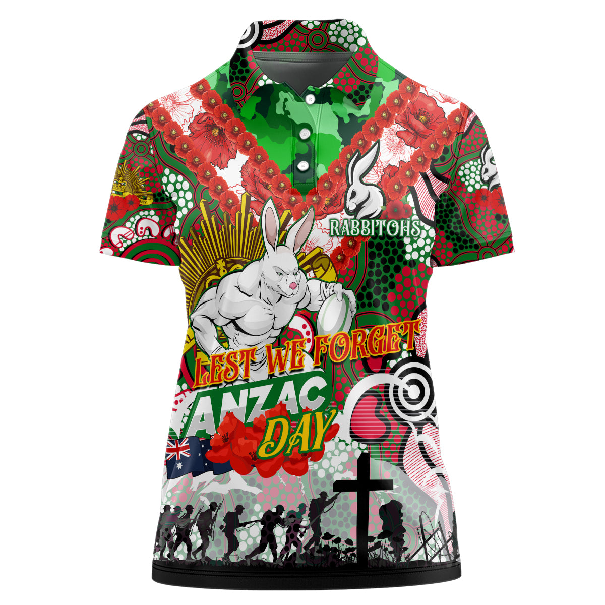 Personalised Rabbitohs ANZAC Day Women Polo Shirt Aboriginal Rising Sun