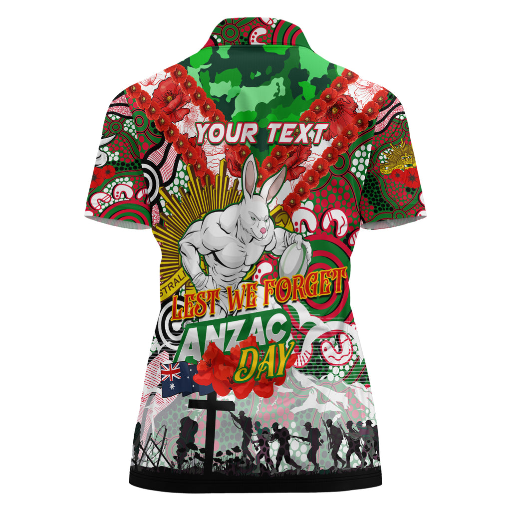 Personalised Rabbitohs ANZAC Day Women Polo Shirt Aboriginal Rising Sun