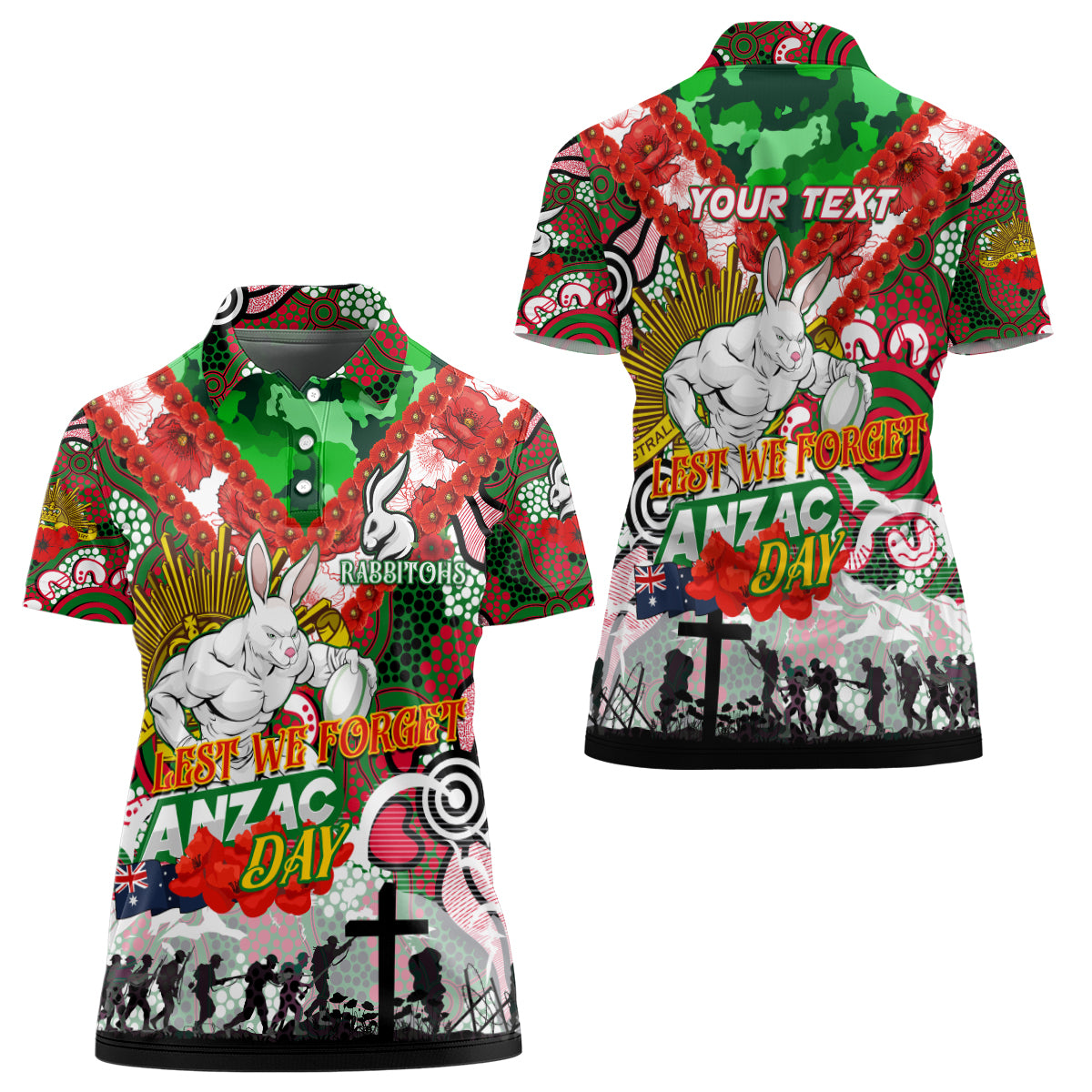 Personalised Rabbitohs ANZAC Day Women Polo Shirt Aboriginal Rising Sun