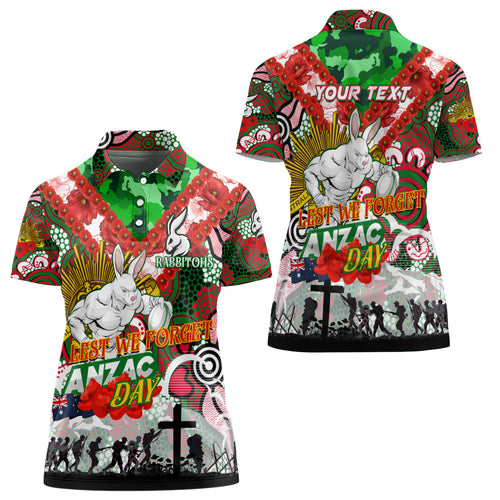 Personalised Rabbitohs ANZAC Day Women Polo Shirt Aboriginal Rising Sun