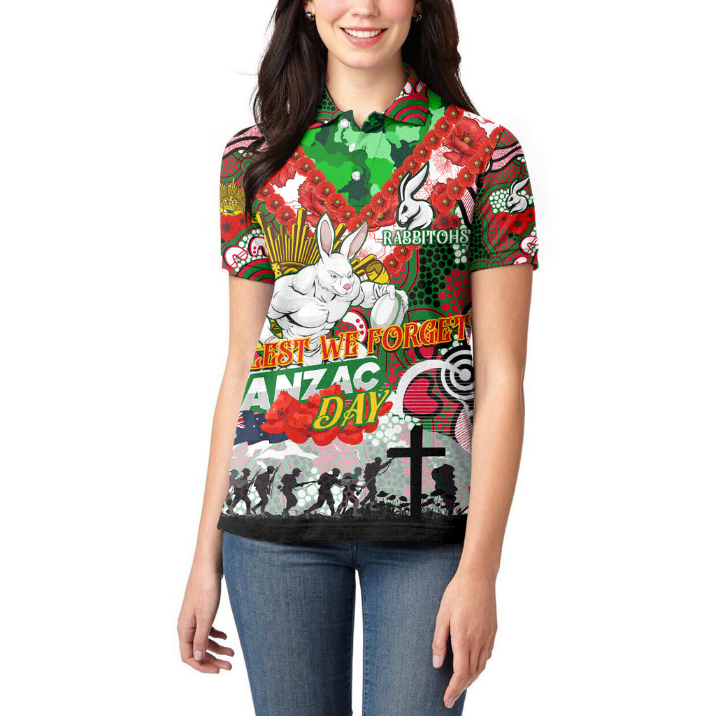 Personalised Rabbitohs ANZAC Day Women Polo Shirt Aboriginal Rising Sun
