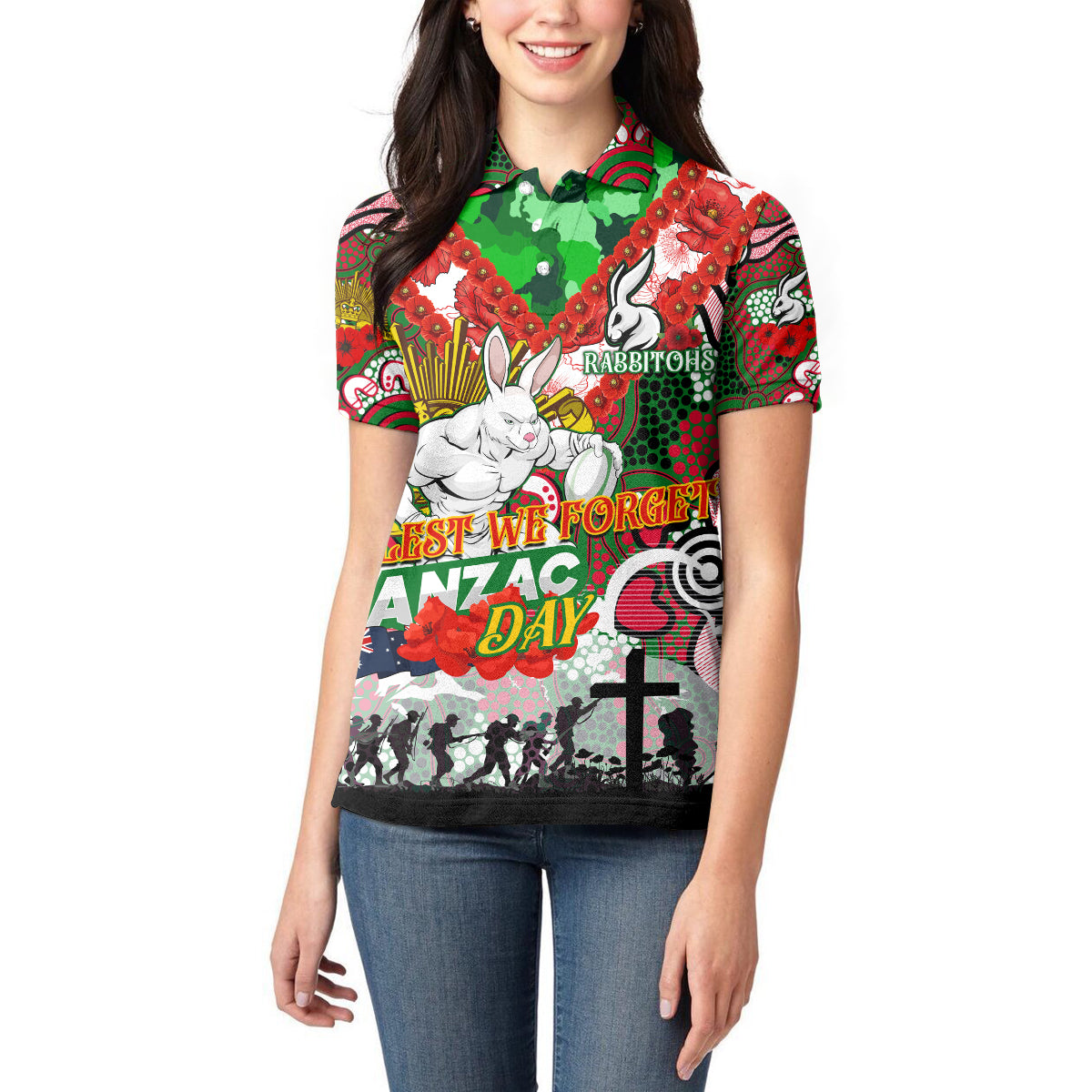 Personalised Rabbitohs ANZAC Day Women Polo Shirt Aboriginal Rising Sun