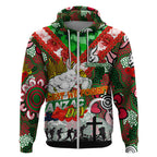 Personalised Rabbitohs ANZAC Day Zip Hoodie Aboriginal Rising Sun