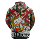 Personalised Rabbitohs ANZAC Day Zip Hoodie Aboriginal Rising Sun