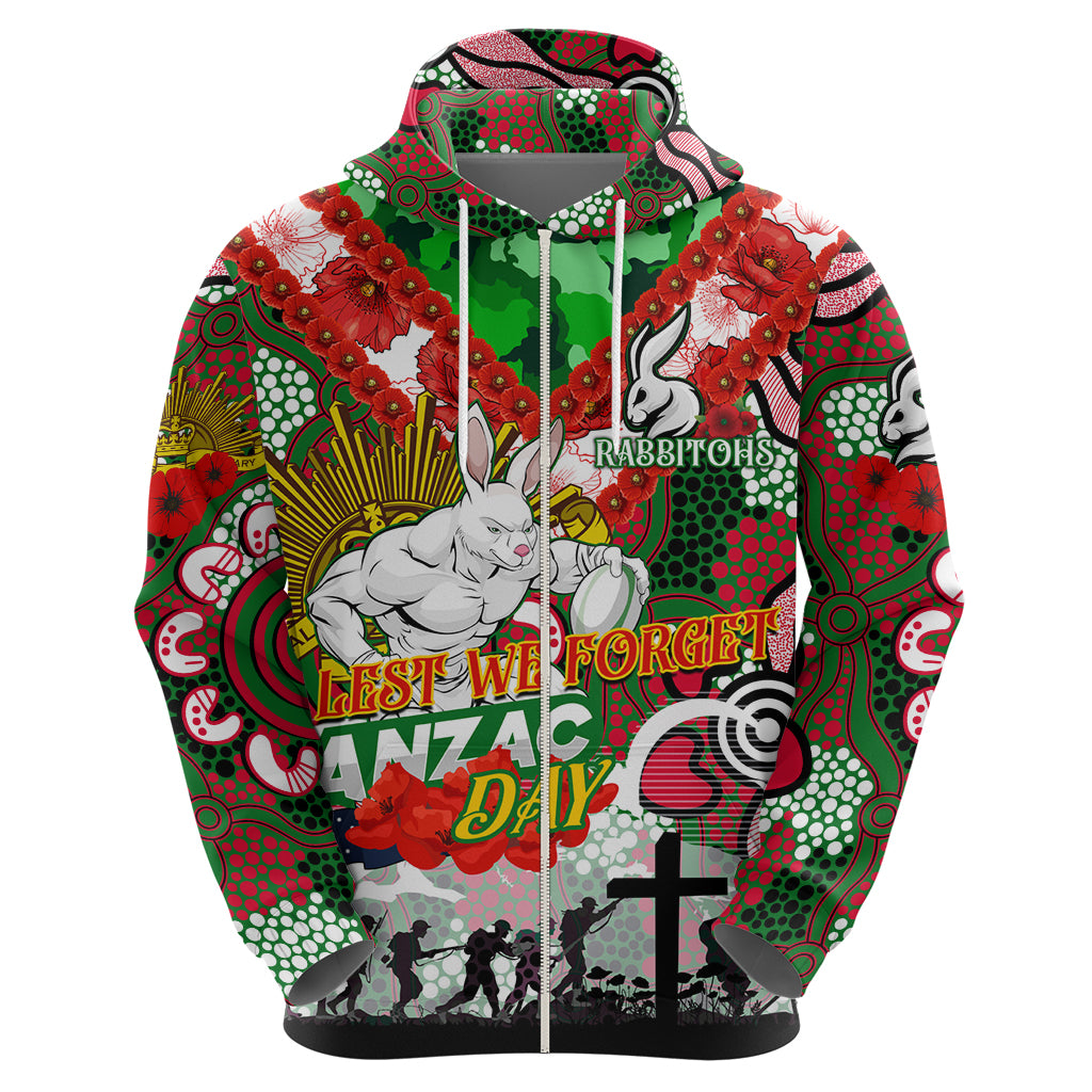 Personalised Rabbitohs ANZAC Day Zip Hoodie Aboriginal Rising Sun