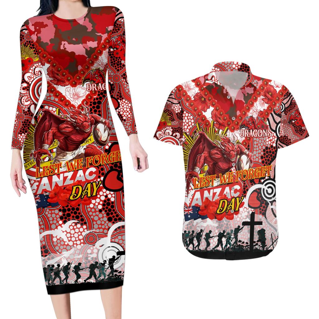 Personalised Dragons ANZAC Day Couples Matching Long Sleeve Bodycon Dress and Hawaiian Shirt Aboriginal Rising Sun