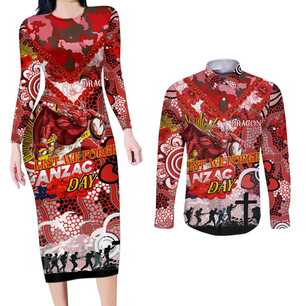 Personalised Dragons ANZAC Day Couples Matching Long Sleeve Bodycon Dress and Long Sleeve Button Shirt Aboriginal Rising Sun