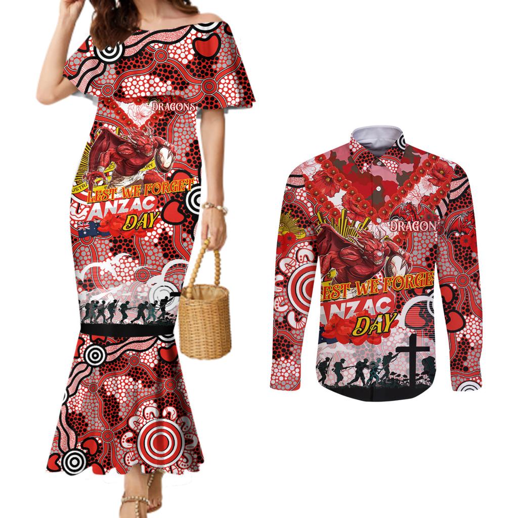Personalised Dragons ANZAC Day Couples Matching Mermaid Dress and Long Sleeve Button Shirt Aboriginal Rising Sun