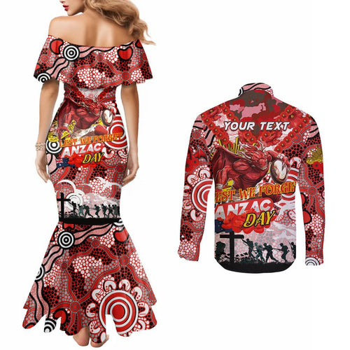 Personalised Dragons ANZAC Day Couples Matching Mermaid Dress and Long Sleeve Button Shirt Aboriginal Rising Sun