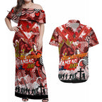 Personalised Dragons ANZAC Day Couples Matching Off Shoulder Maxi Dress and Hawaiian Shirt Aboriginal Rising Sun