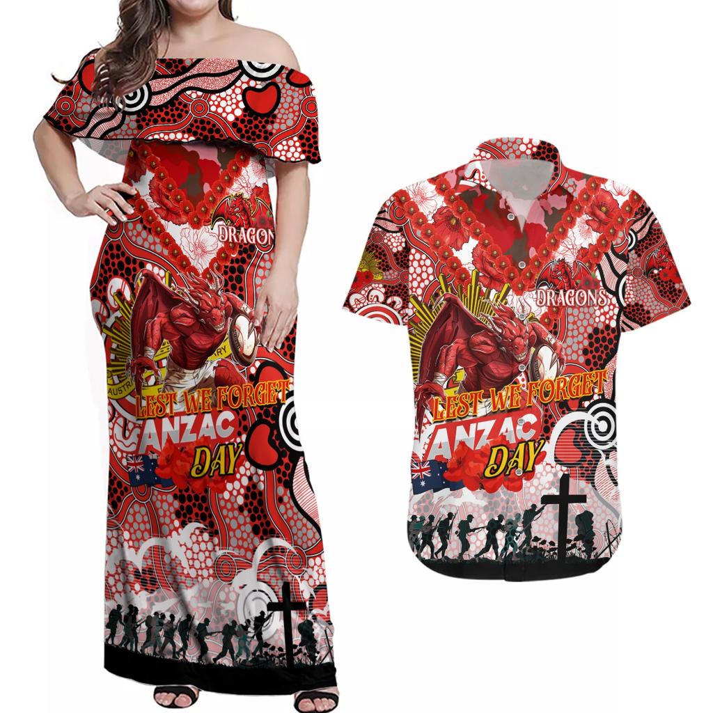 Personalised Dragons ANZAC Day Couples Matching Off Shoulder Maxi Dress and Hawaiian Shirt Aboriginal Rising Sun