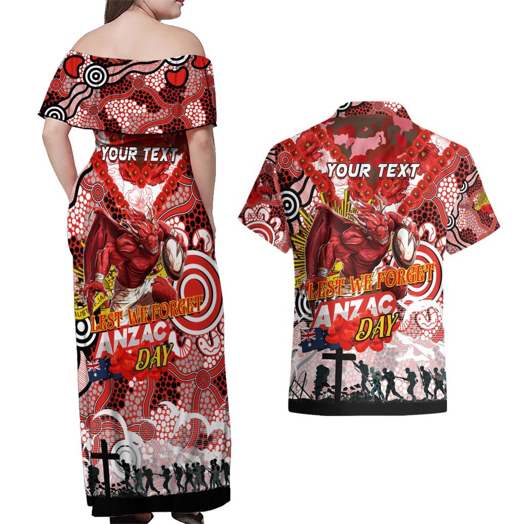 Personalised Dragons ANZAC Day Couples Matching Off Shoulder Maxi Dress and Hawaiian Shirt Aboriginal Rising Sun