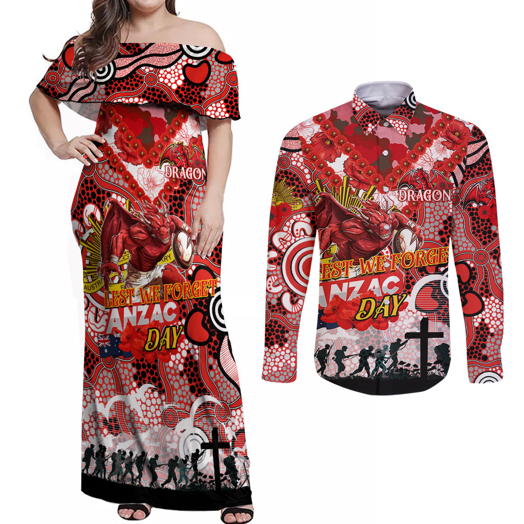 Personalised Dragons ANZAC Day Couples Matching Off Shoulder Maxi Dress and Long Sleeve Button Shirt Aboriginal Rising Sun