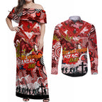 Personalised Dragons ANZAC Day Couples Matching Off Shoulder Maxi Dress and Long Sleeve Button Shirt Aboriginal Rising Sun