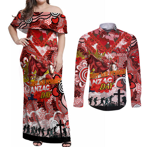 Personalised Dragons ANZAC Day Couples Matching Off Shoulder Maxi Dress and Long Sleeve Button Shirt Aboriginal Rising Sun