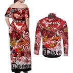 Personalised Dragons ANZAC Day Couples Matching Off Shoulder Maxi Dress and Long Sleeve Button Shirt Aboriginal Rising Sun