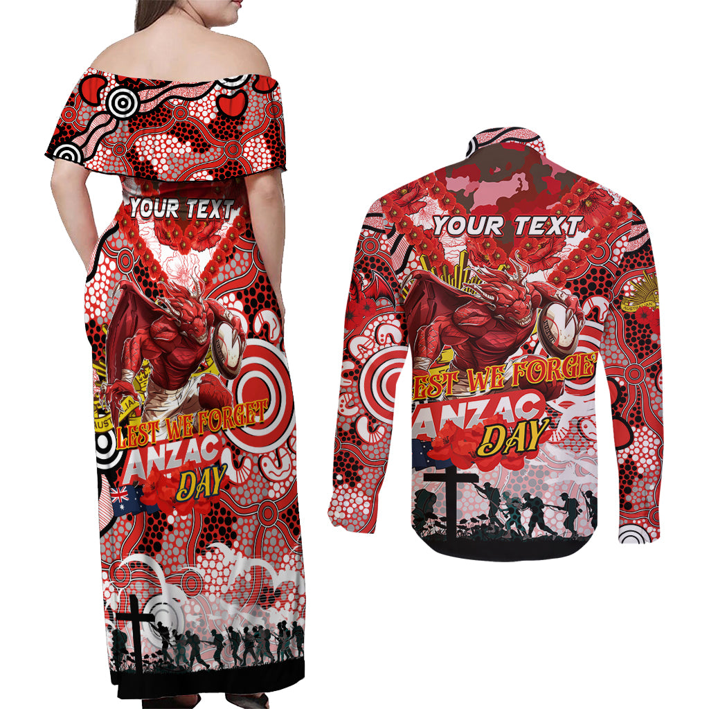 Personalised Dragons ANZAC Day Couples Matching Off Shoulder Maxi Dress and Long Sleeve Button Shirt Aboriginal Rising Sun