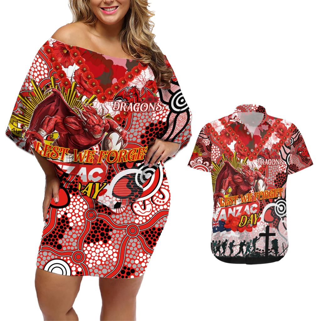 Personalised Dragons ANZAC Day Couples Matching Off Shoulder Short Dress and Hawaiian Shirt Aboriginal Rising Sun