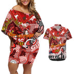 Personalised Dragons ANZAC Day Couples Matching Off Shoulder Short Dress and Hawaiian Shirt Aboriginal Rising Sun
