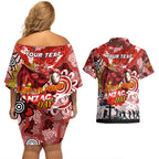 Personalised Dragons ANZAC Day Couples Matching Off Shoulder Short Dress and Hawaiian Shirt Aboriginal Rising Sun