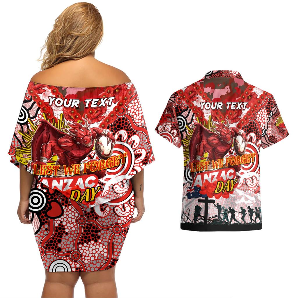 Personalised Dragons ANZAC Day Couples Matching Off Shoulder Short Dress and Hawaiian Shirt Aboriginal Rising Sun