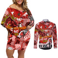 Personalised Dragons ANZAC Day Couples Matching Off Shoulder Short Dress and Long Sleeve Button Shirt Aboriginal Rising Sun