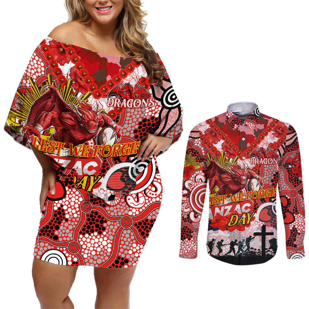 Personalised Dragons ANZAC Day Couples Matching Off Shoulder Short Dress and Long Sleeve Button Shirt Aboriginal Rising Sun
