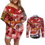 Personalised Dragons ANZAC Day Couples Matching Off Shoulder Short Dress and Long Sleeve Button Shirt Aboriginal Rising Sun