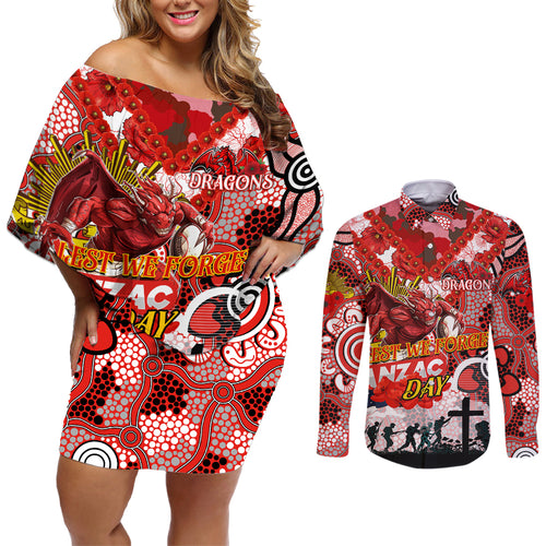 Personalised Dragons ANZAC Day Couples Matching Off Shoulder Short Dress and Long Sleeve Button Shirt Aboriginal Rising Sun