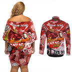 Personalised Dragons ANZAC Day Couples Matching Off Shoulder Short Dress and Long Sleeve Button Shirt Aboriginal Rising Sun