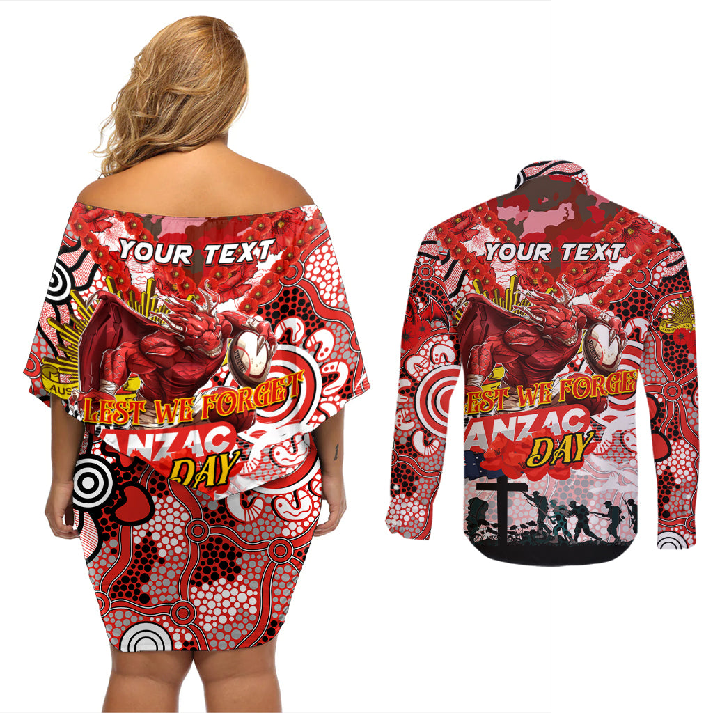 Personalised Dragons ANZAC Day Couples Matching Off Shoulder Short Dress and Long Sleeve Button Shirt Aboriginal Rising Sun