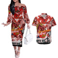 Personalised Dragons ANZAC Day Couples Matching Off The Shoulder Long Sleeve Dress and Hawaiian Shirt Aboriginal Rising Sun
