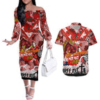 Personalised Dragons ANZAC Day Couples Matching Off The Shoulder Long Sleeve Dress and Hawaiian Shirt Aboriginal Rising Sun