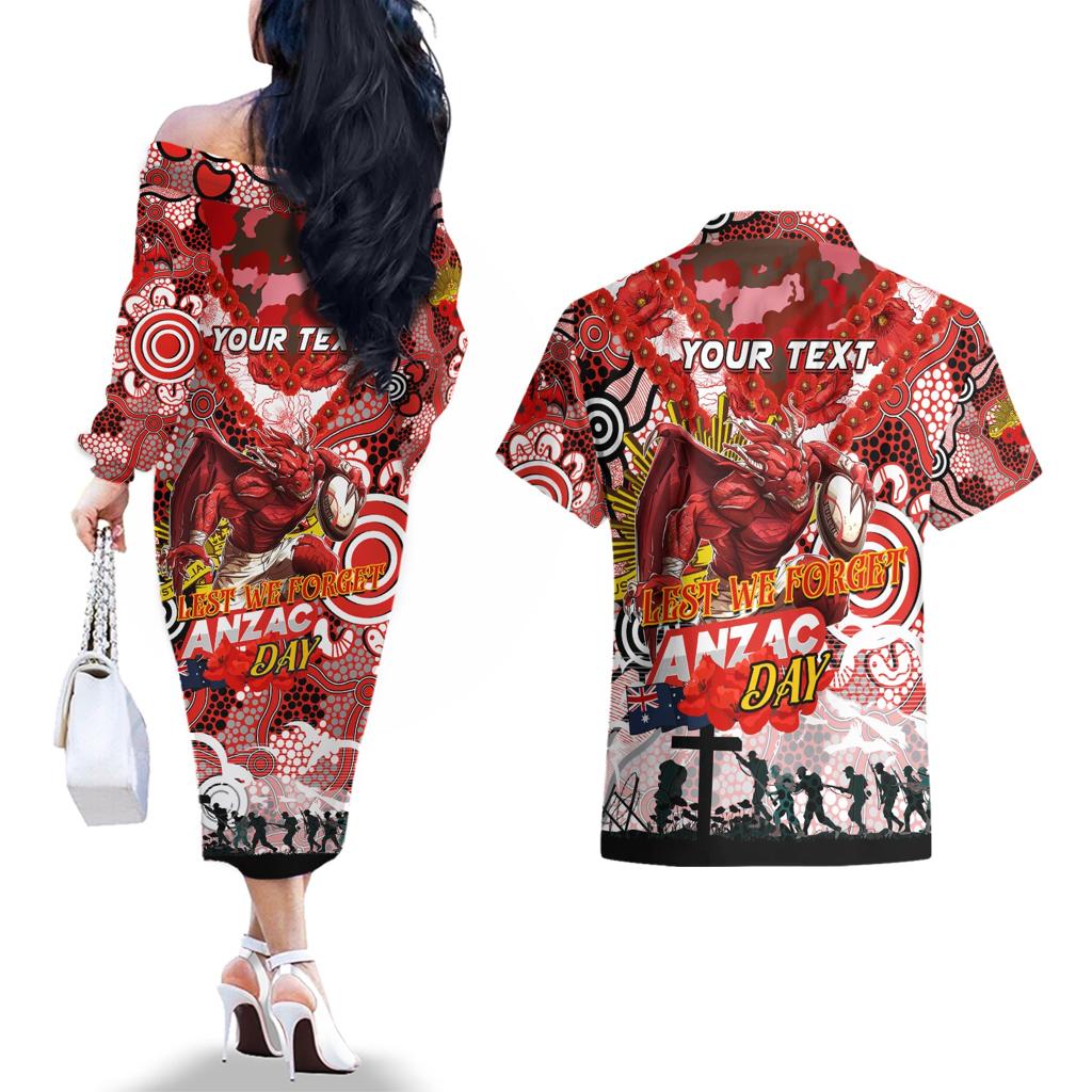 Personalised Dragons ANZAC Day Couples Matching Off The Shoulder Long Sleeve Dress and Hawaiian Shirt Aboriginal Rising Sun