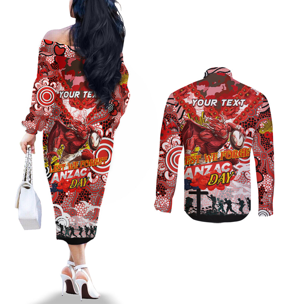 Personalised Dragons ANZAC Day Couples Matching Off The Shoulder Long Sleeve Dress and Long Sleeve Button Shirt Aboriginal Rising Sun