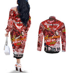 Personalised Dragons ANZAC Day Couples Matching Off The Shoulder Long Sleeve Dress and Long Sleeve Button Shirt Aboriginal Rising Sun
