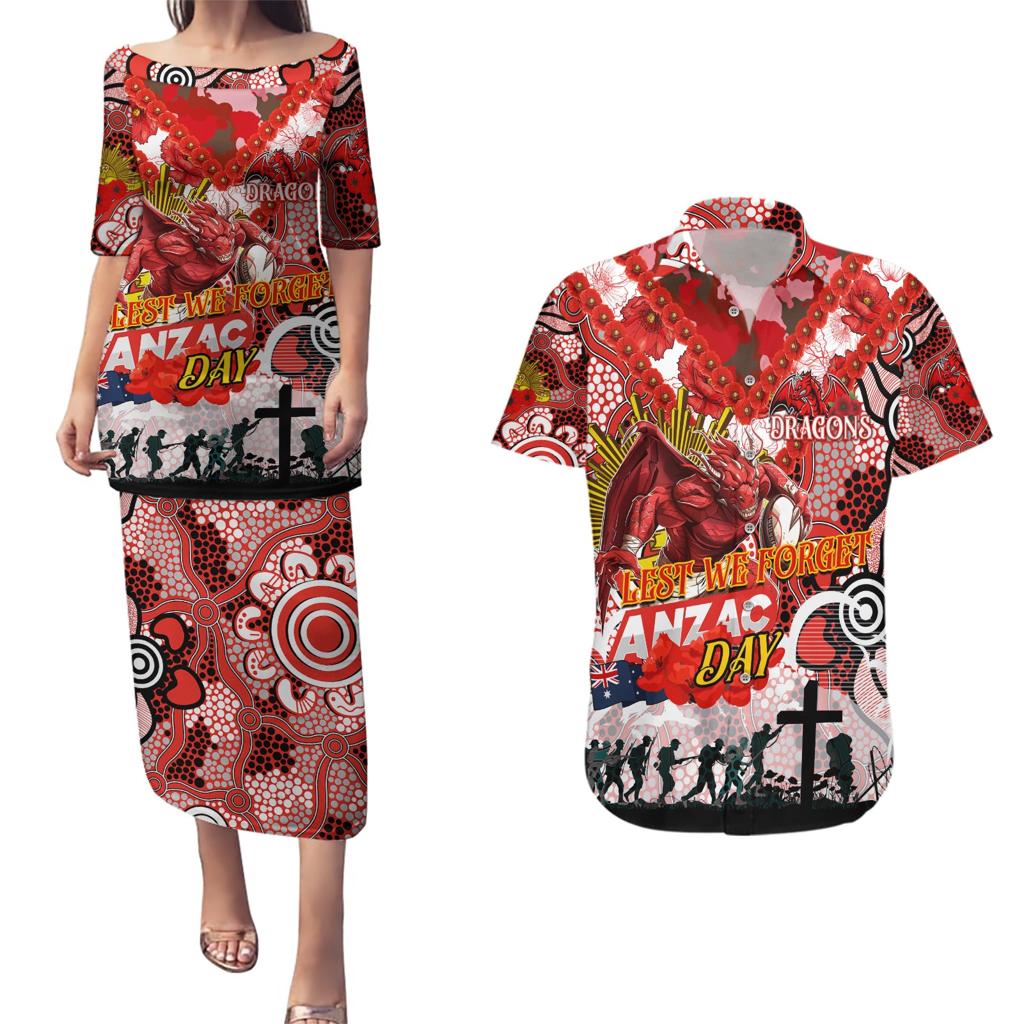 Personalised Dragons ANZAC Day Couples Matching Puletasi and Hawaiian Shirt Aboriginal Rising Sun
