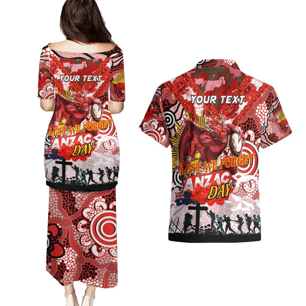 Personalised Dragons ANZAC Day Couples Matching Puletasi and Hawaiian Shirt Aboriginal Rising Sun