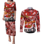 Personalised Dragons ANZAC Day Couples Matching Puletasi and Long Sleeve Button Shirt Aboriginal Rising Sun