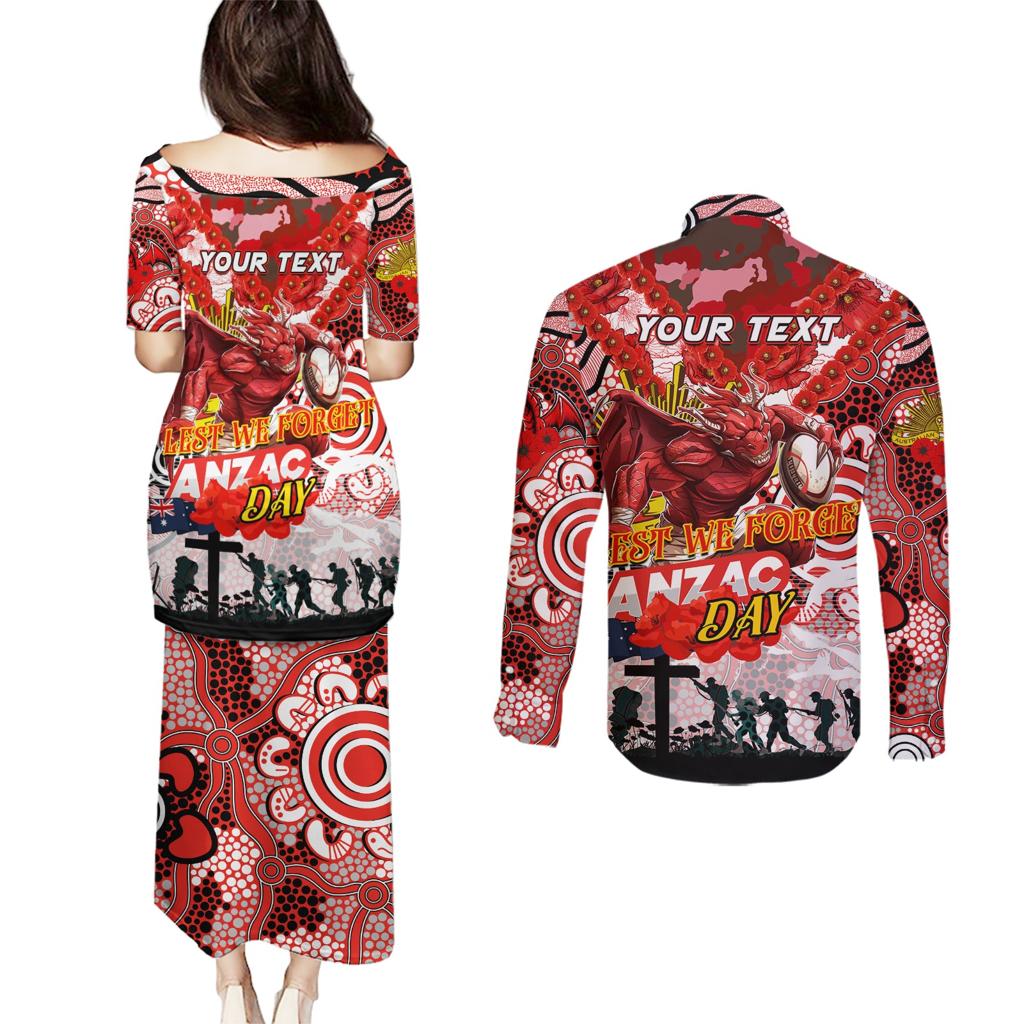 Personalised Dragons ANZAC Day Couples Matching Puletasi and Long Sleeve Button Shirt Aboriginal Rising Sun