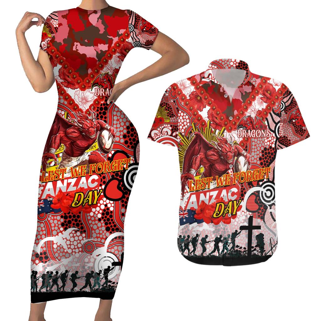 Personalised Dragons ANZAC Day Couples Matching Short Sleeve Bodycon Dress and Hawaiian Shirt Aboriginal Rising Sun