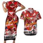 Personalised Dragons ANZAC Day Couples Matching Short Sleeve Bodycon Dress and Hawaiian Shirt Aboriginal Rising Sun