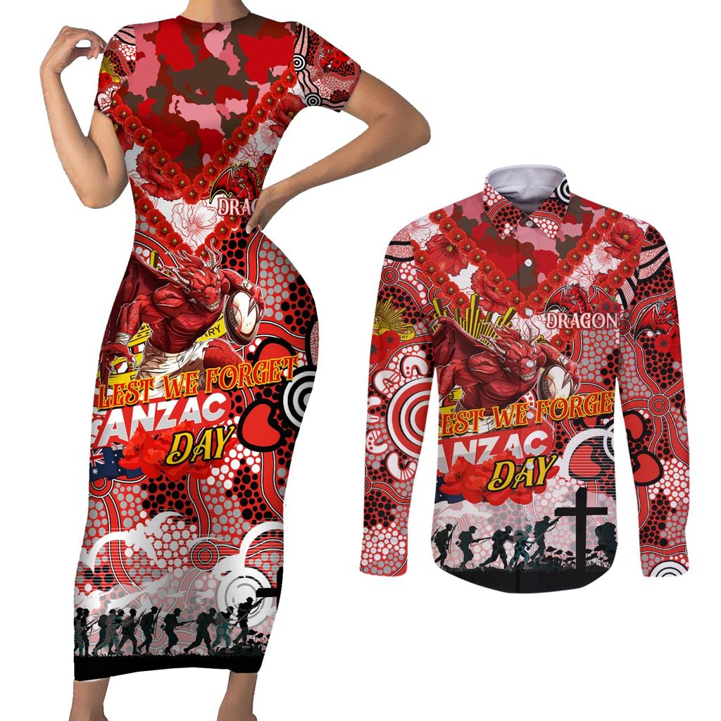 Personalised Dragons ANZAC Day Couples Matching Short Sleeve Bodycon Dress and Long Sleeve Button Shirt Aboriginal Rising Sun