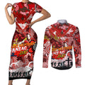Personalised Dragons ANZAC Day Couples Matching Short Sleeve Bodycon Dress and Long Sleeve Button Shirt Aboriginal Rising Sun