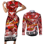 Personalised Dragons ANZAC Day Couples Matching Short Sleeve Bodycon Dress and Long Sleeve Button Shirt Aboriginal Rising Sun