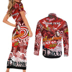 Personalised Dragons ANZAC Day Couples Matching Short Sleeve Bodycon Dress and Long Sleeve Button Shirt Aboriginal Rising Sun