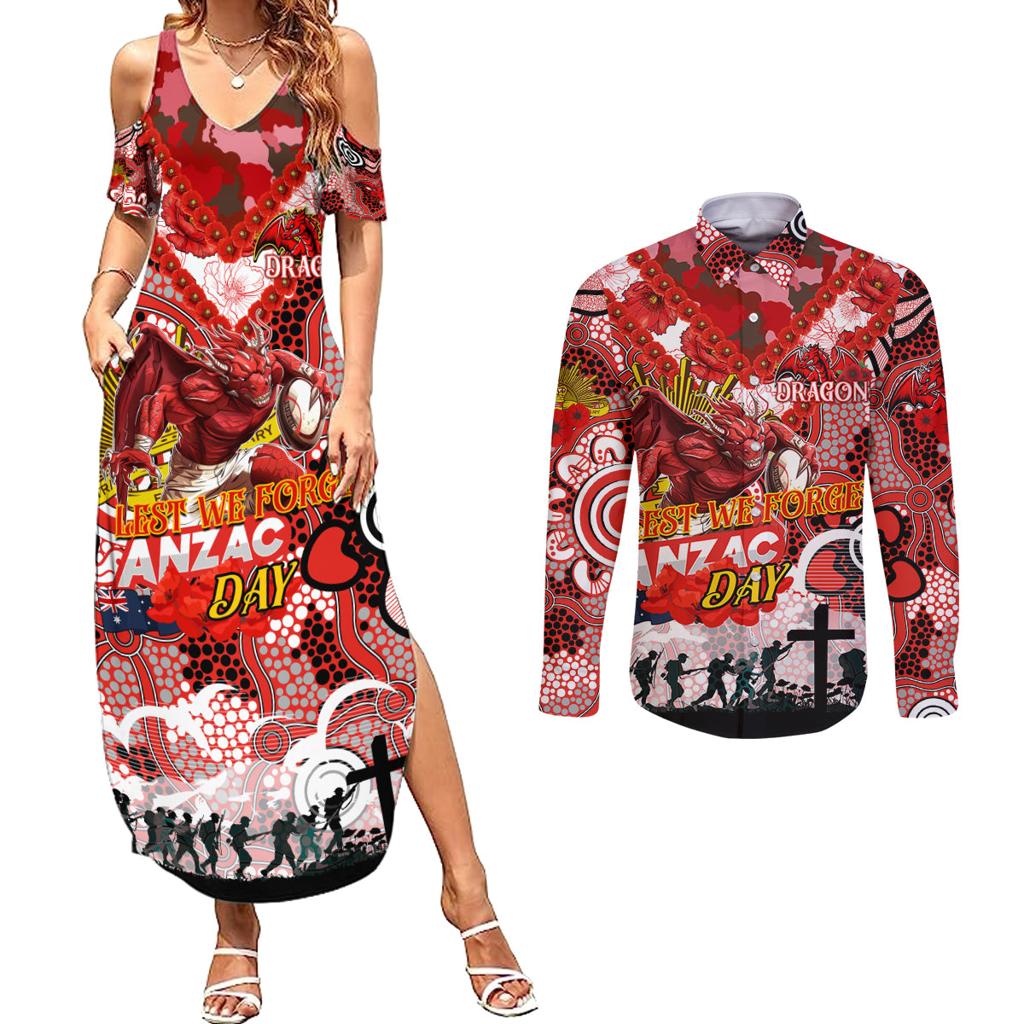 Personalised Dragons ANZAC Day Couples Matching Summer Maxi Dress and Long Sleeve Button Shirt Aboriginal Rising Sun