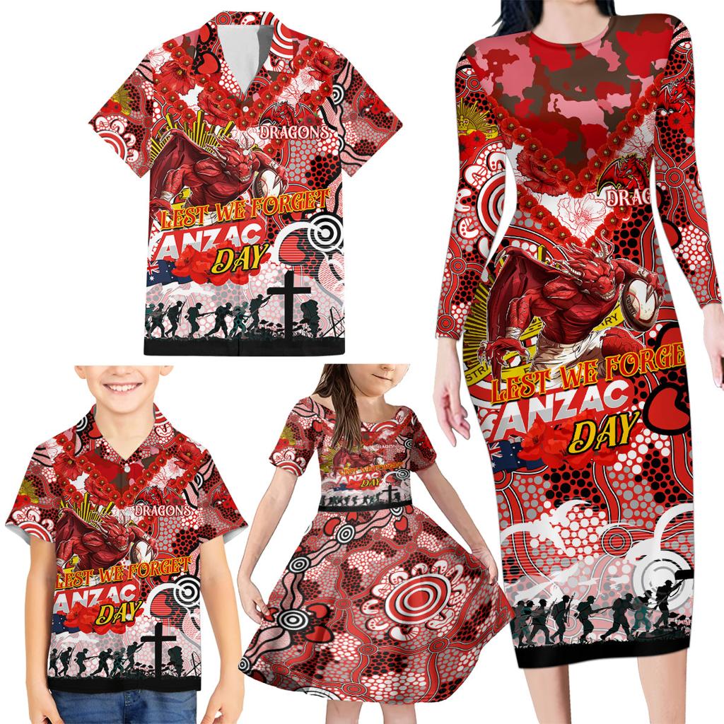 Personalised Dragons ANZAC Day Family Matching Long Sleeve Bodycon Dress and Hawaiian Shirt Aboriginal Rising Sun